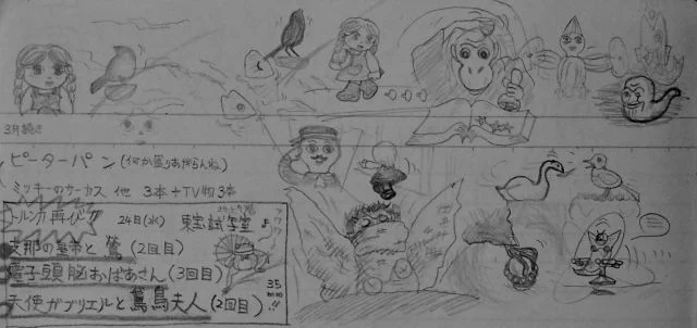感極まって描いたと思われる、昔のラクガキ。
1976年の春にトルンカの『皇帝の鶯』と短編の内々の上映会があり、これは2回目の時のもの。
昔はこういうのを記憶だけで描いていたんだから大したものですよ。(自画自賛) 