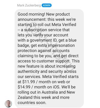 ShubhamParkhed1's tweet photo. UPDATE: Meta Verified will start at $11.99 per month on the web / $14.99 on iOS
Rolling out in Australia and New Zealand first
Mark Zuckerberg just confirmed info via his new Instagram Channel
#intragram #Trending #shubhamparkhedkar https://t.co/eCnKBoEjCt