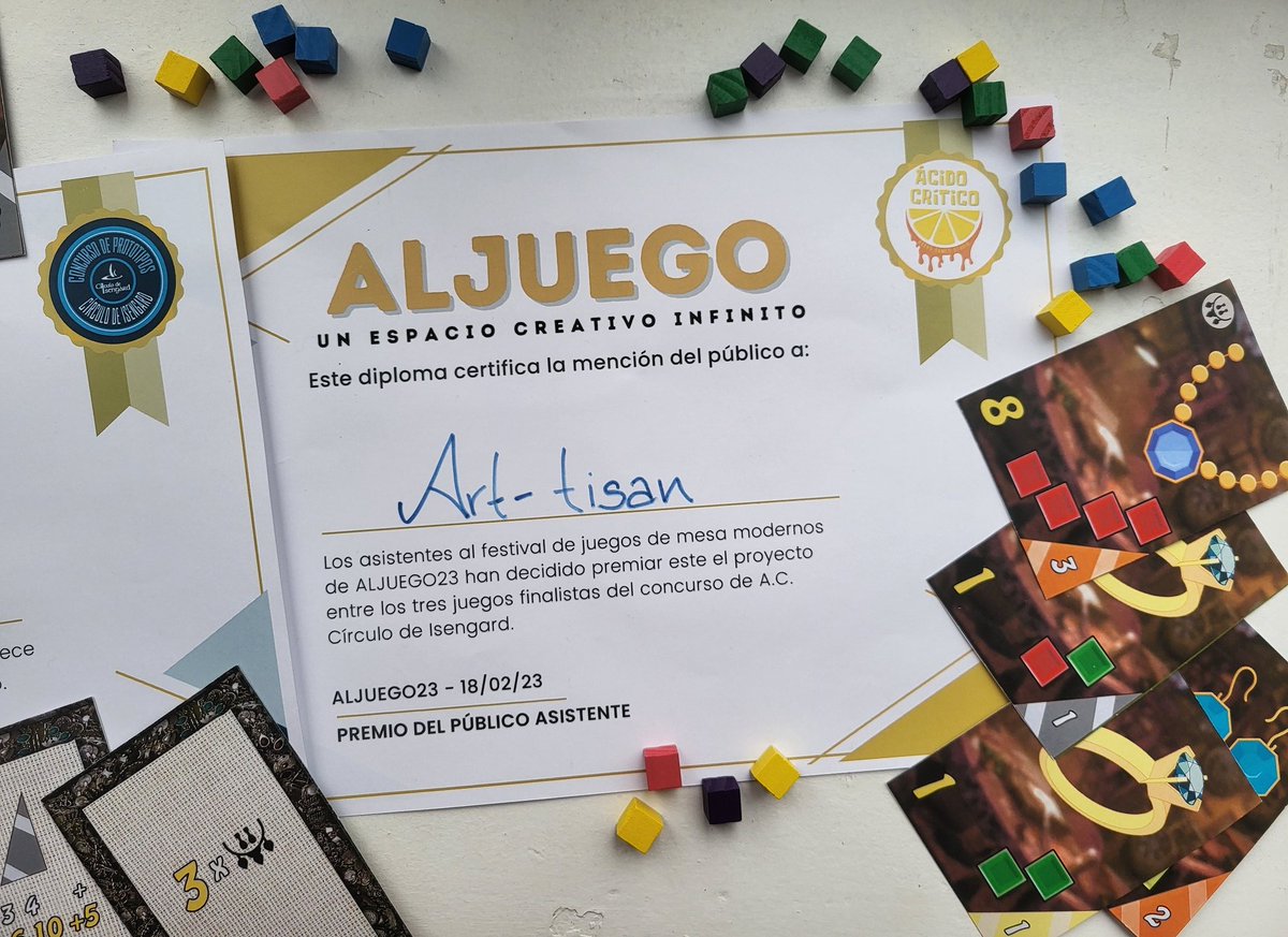 GabrielBuendiaH's tweet photo. Art-tisans ganador del concurso de prototipos del @CirculoIsengard y del público @acidocriticobgs en #aljuego23 !! Estoy super contento! Hilo del evento con @LaMakaLatina  👇🏻 https://t.co/PZGY24XqVO