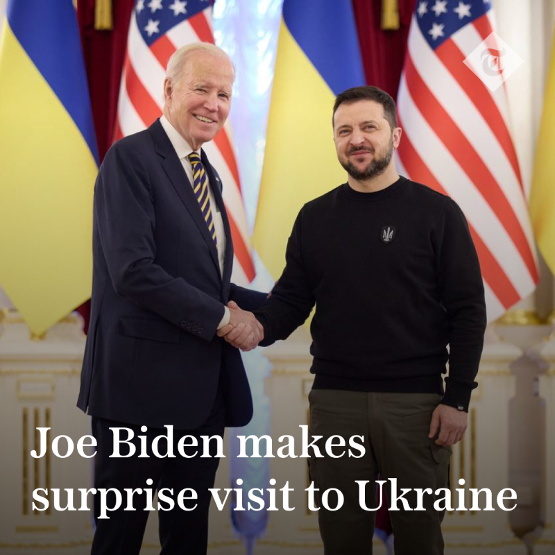 Telegraph's tweet photo. 🇺🇸🇺🇦 Joe Biden has arrived in Ukraine for a surprise visit for talks with Volodymr Zelensky.

Read more on our Ukraine live blog ⬇️