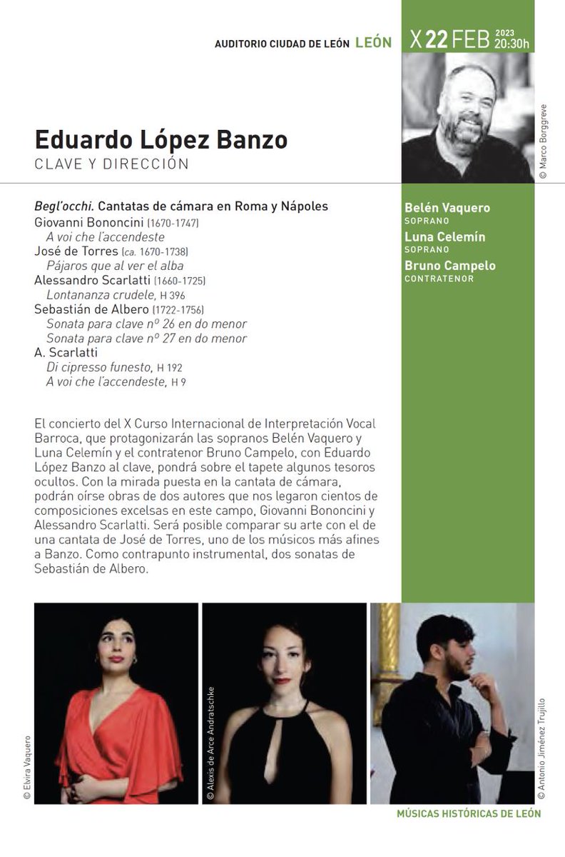 ◼︎ El miércoles continúa el 'XX Ciclo de Músicas Históricas' de <a href="/LeonAyto/">Ayuntamiento de León</a> y <a href="/cndm_inaem/">CNDM</a> en Auditorio de #LeónEsp

🎼 Con la mirada puesta en la cantata de cámara, piezas de Bononcini o Scarlatti.

➕ℹ️ bit.ly/3xzrQcv

🎟️ bit.ly/3ZmbTmb

#MúsicasHistóricas_León