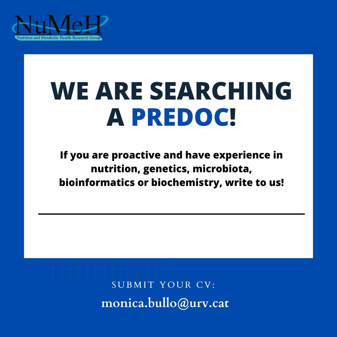 NuMeH_Group's tweet photo. 📢CALL FOR A PRE-DOCTORAL RESEARCHER‼️🧬
NuMeH is looking for a pre-doctoral researcher interested in the field of nutrition, lifestyles and chronic metabolic diseases.🧠🧬
@TecnATox
@universitatURV
@IISPereVirgili
https://t.co/lUqQm3kCly
#predocs #JobAlert #researcher https://t.co/yfLcMOnyUN