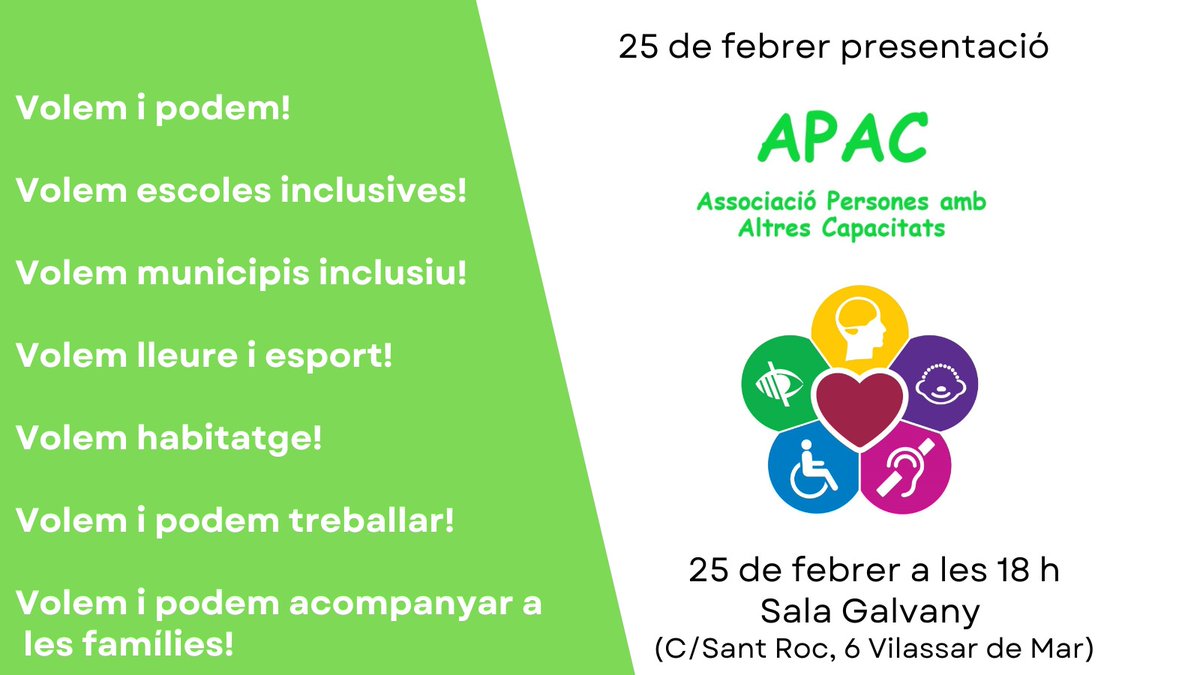 📢 25 de febrer a les 18 hores a la Sala Galvany presentació per a famílies de l'Associació de Persones amb Altres Capacitats. Per un Maresme inclusiu, per l'esport, el lleure, l'habitatge, el treball...Us hi esperem. Vine a conèixer-nos i suma-t'hi!💪💪 <a href="/pabloromo1990/">pablo romo</a> <a href="/NRodergas/">Nat</a>