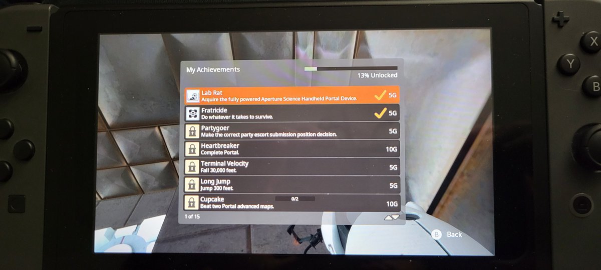 Kane_Grad's tweet image. I find it funny how the Switch version of Portal has the Achievements list ripped straight out of the Xbox 360 version, which lists the amount of Gamer Score each Achievement is worth on Xbox 360. The Gamer Score is 100% irrelevant information in the Switch version. So weird.