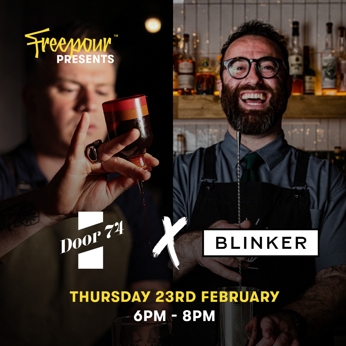 Join us this Thu, Feb 23rd, at Blinker Bar in Manchester! 🎉

Blinker Bar &amp; Door 74 have teamed up for a 1-night-only collaborative menu &amp; #freepourapp will be there to film the guest shift in action. 🎥

Pop along between 6pm-8pm to see how Manchester &amp; Amsterdam mix things up!