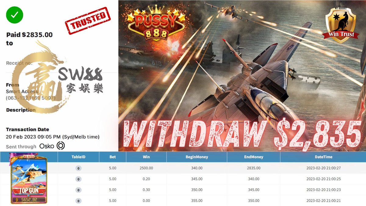 AusSw88's tweet photo. 🔥 One of the SW88 Dear Member only deposit $100 to win $2,835🔥

🎮 Product – Pussy888
🎰 Game Tip - Top Gun
💰 Deposit - $100
💰 Big Win - $2,835
⚠️Just Deposit 2 Time

🤑We Provide Best &amp; Fast Services , 100% Trusted Company

📲WhatsApp - https://t.co/YMq1nGQ3kO https://t.co/zWvTeT8Hxy