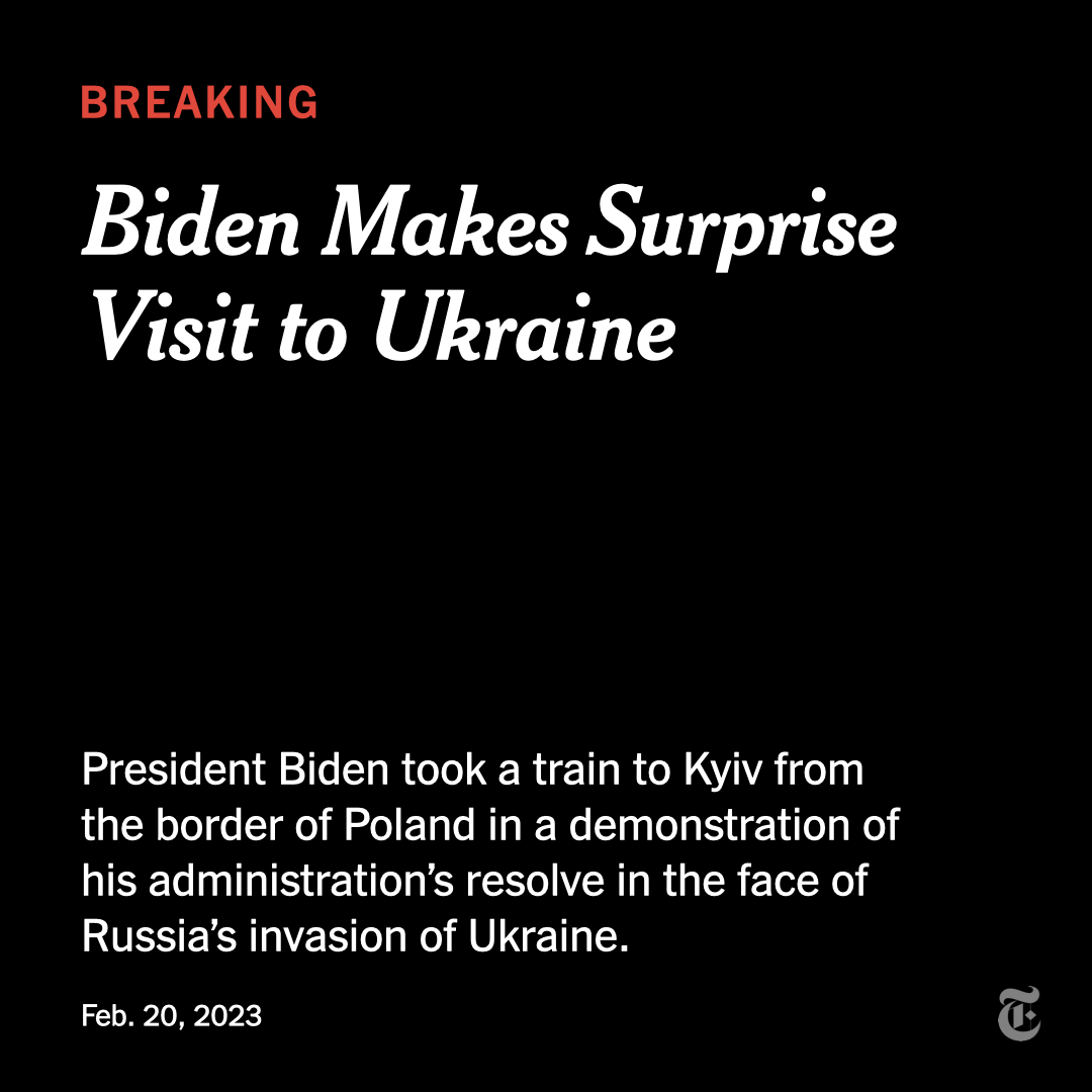 President Biden made an unannounced visit to Kyiv, meeting with President Volodymyr Zelensky of Ukraine in a dramatic show of support days before the first anniversary of Russia’s invasion. nyti.ms/3Z8yP8l