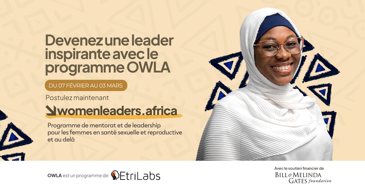 Devenez actrice du changement avec #OWLA ! 
OWLA recherche des #femmes professionnelles qualifiées, âgées de 20 à 35 ans et dotées de compétences exceptionnelles dans les domaines de la #SSR, du droit, de l'entrepreneuriat, etc. 
Postulez maintenant sur womenleaders.africa