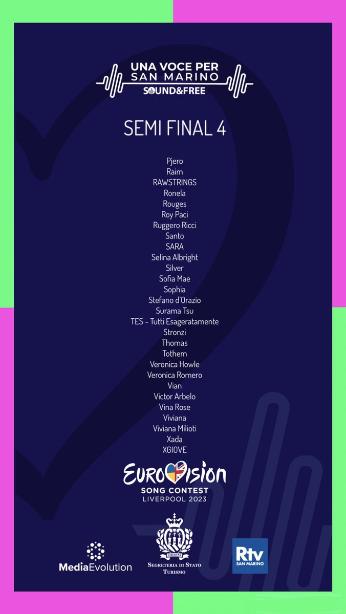 eurovisionsmrtv's tweet photo. Buongiorno Europe! 

Here are the Semi Finalists of Una Voce Per San Marino 2023. 

#UnaVocePerSanMarino #Eurovision #UnitedByMusic https://t.co/UzV7XT4HIA