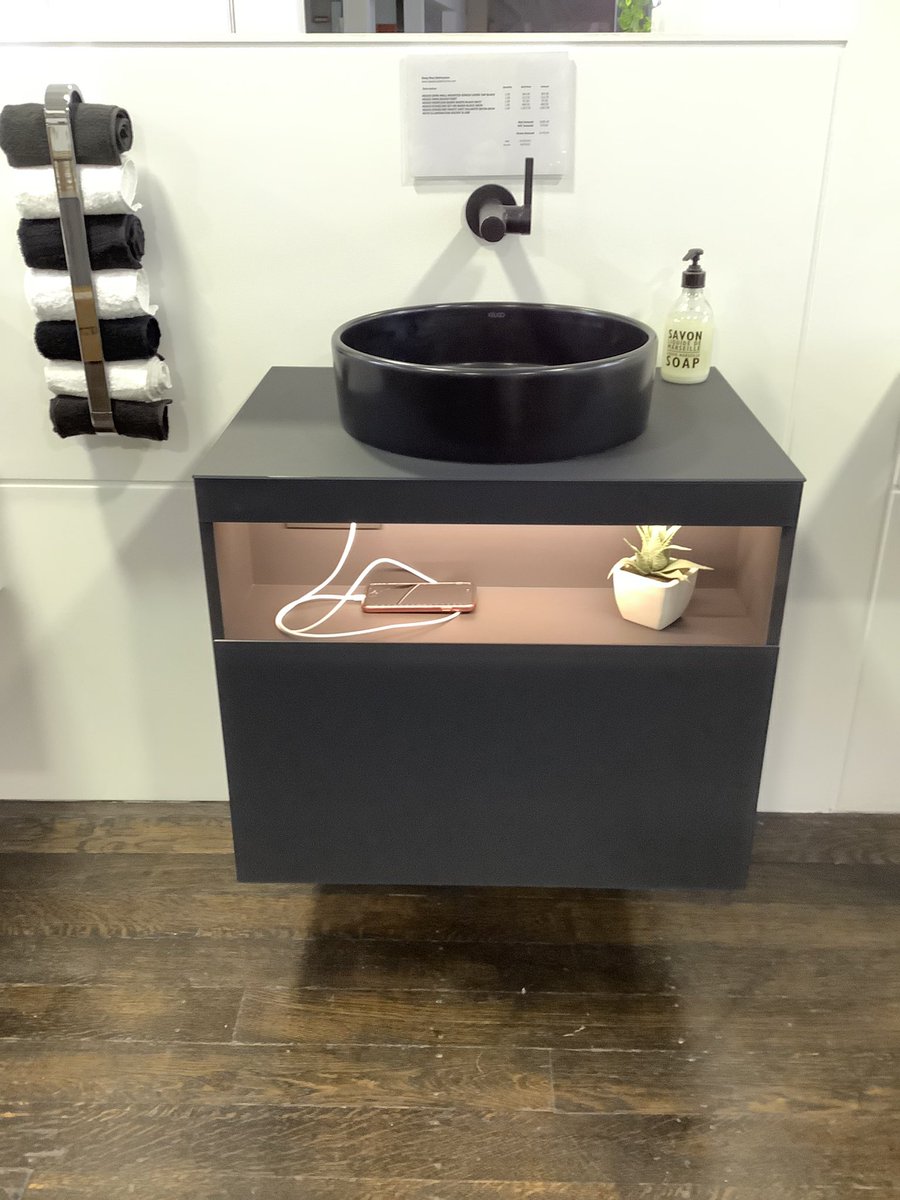 heolby's tweet photo. @KeucoUK Stageline vulcanite vanity unit and black bowl with Ixmo basin tap ideal for a cloakroom or bathroom with illuminated storage shelf, socket &amp; USB. Creative design, practicality &amp; build quality all hallmarks of Keuco products https://t.co/OyYNV3Ry74