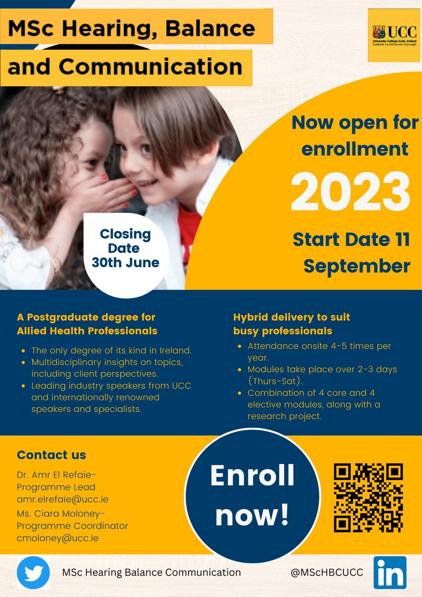 MScHBCUCC's tweet photo. Are you an Allied Health Professional looking to progress your career, but not able to commit full time? Then our part-time Postgraduate degree @UCC might be for you. See more information below or contact us directly.   #postgraduate #parttime #hearing #balance #communication https://t.co/OjpAtU3H0T