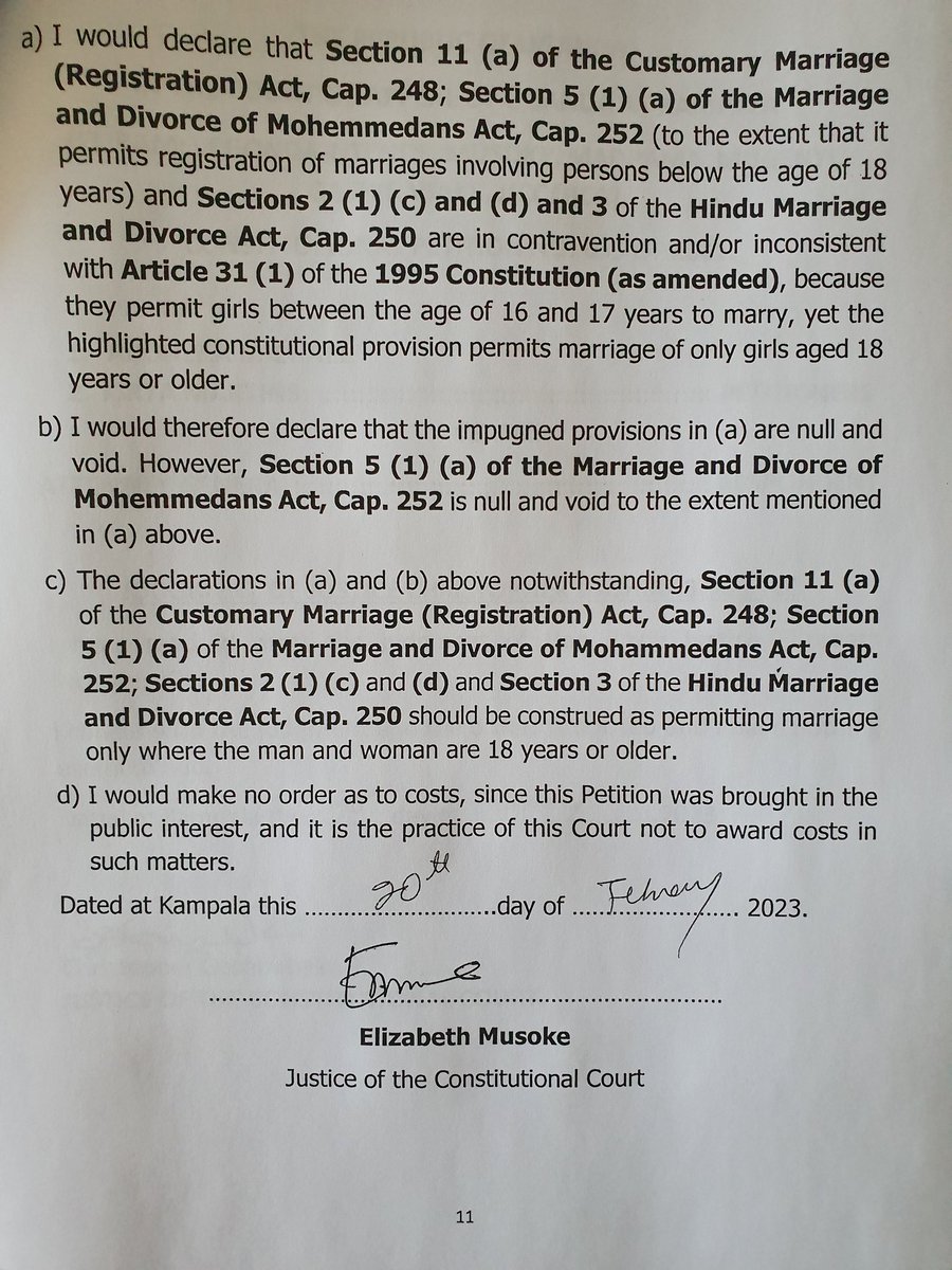 In a unanimous decision, the Constitutional Court today allowed our petition challenging laws that allow marriages of girls below 18 years. The court has reaffirmed the age of Marriage as 18. One down, a 100 to go! #Tosilika #EndChildMarriages