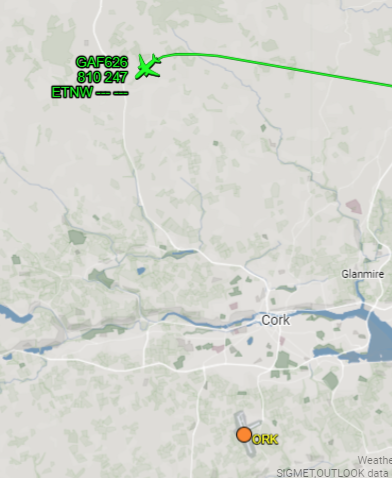 fingalpimpernel's tweet photo. And she's turning, definitely landing in ORK. Cork city get ready for a spectacular view, if the weather is same as here. #GAF626 https://t.co/7qWbsyTAll