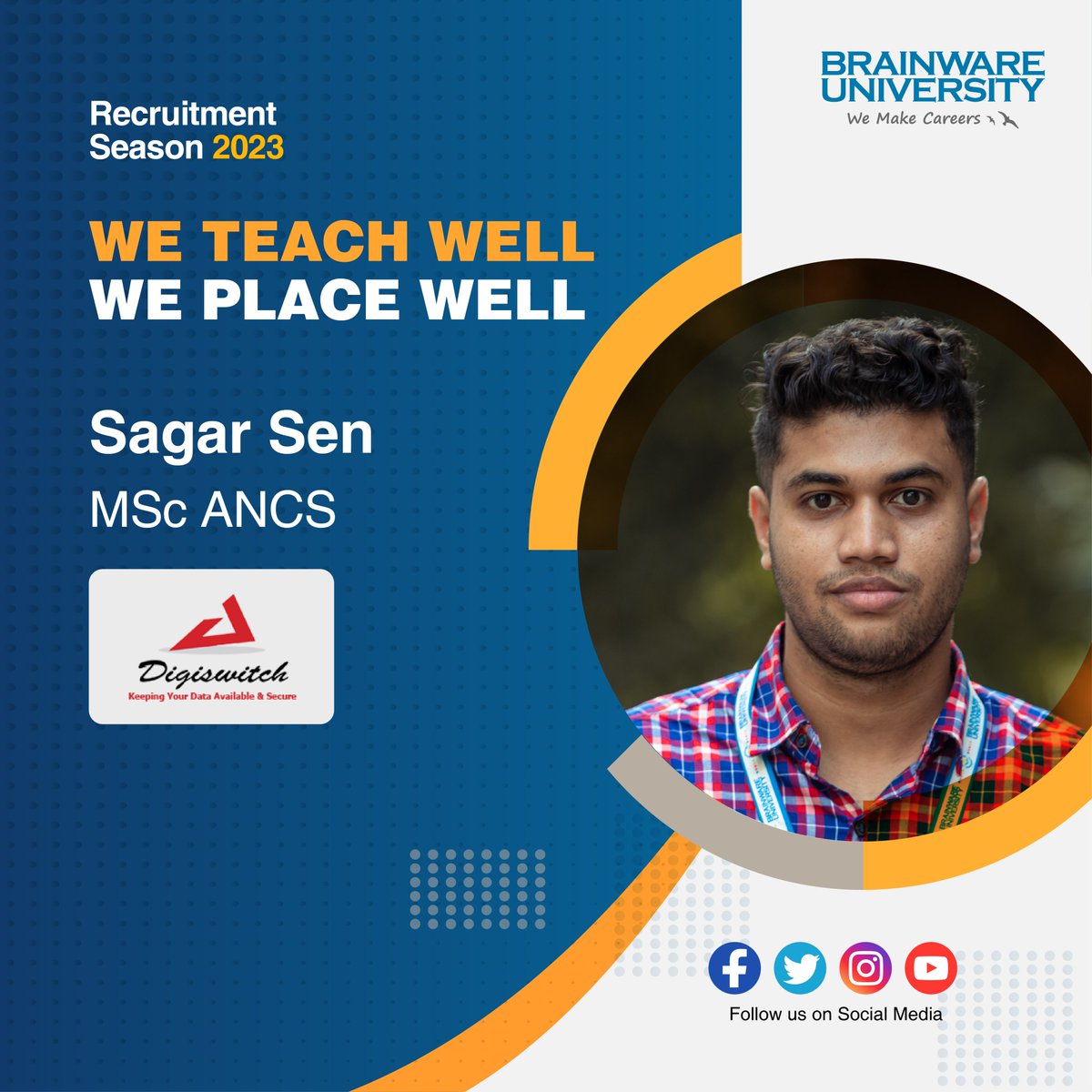 BrainwareTweet's tweet photo. Warmest congratulations to Sagar Sen, from the Department of Cyberscience Technology on his achievement as he bags placement with Digiswitch! Wishing him even more success in his future endeavors.
.
#brainwareuniversity #brainware #cyberscience #digiswitch #placements #jobs https://t.co/eED8oJ9e58
