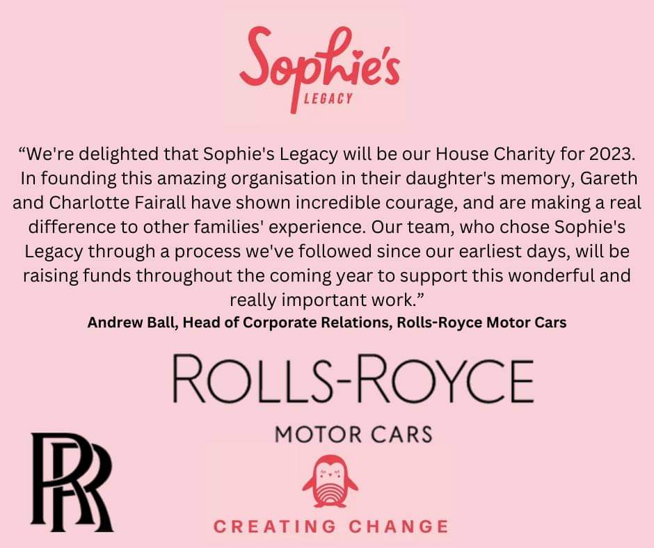 We are so excited to announce that Rolls Royce have chosen Sophie's Legacy to be their House Charity for 2023 💛

#sophieslegacy #creatingchange #seethegoodineveryday #rollsroyce