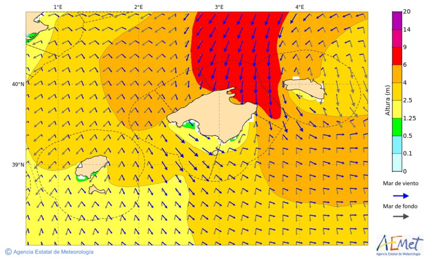 ⚠️La situació derivada de la borrasca Juliette es complica per moments:

🔴 L'AEMET activa avís vermell per onatge al nord de #Mallorca i #Tramuntana demà dimarts de 6:00 a 18:00.

🌊Ones de 8 a 14 m. Vents de 70-90 Km/h. Vent del nord.

Demanam màxima precaució!