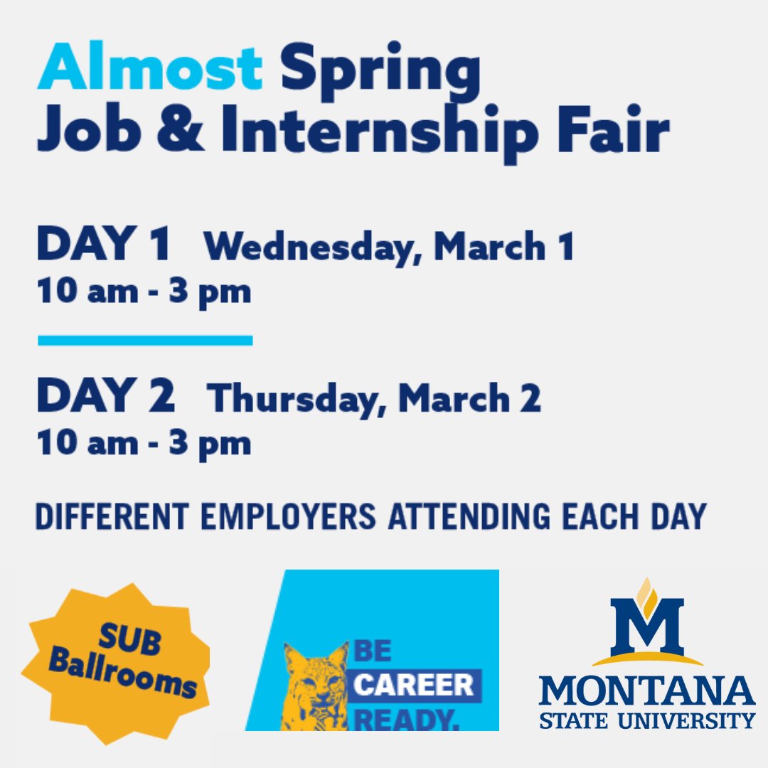 <a href="/AgEcon_Econ/">Montana State Ag Econ & Econ</a> 
Check out the Almost Spring Job and Internship Fair March 1 - 2. 
montana.edu/aycss/careers/…