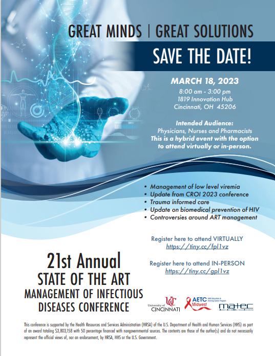 UC_MATEC's tweet photo. Hybrid Events are back! We have missed seeing you in person!
Join us for the 21st Annual State of the Art Management of Infectious Diseases Management Conference.
This event is for health professionals only.
Registration links for in-person and online are in the description. https://t.co/zzbzTdfP1x