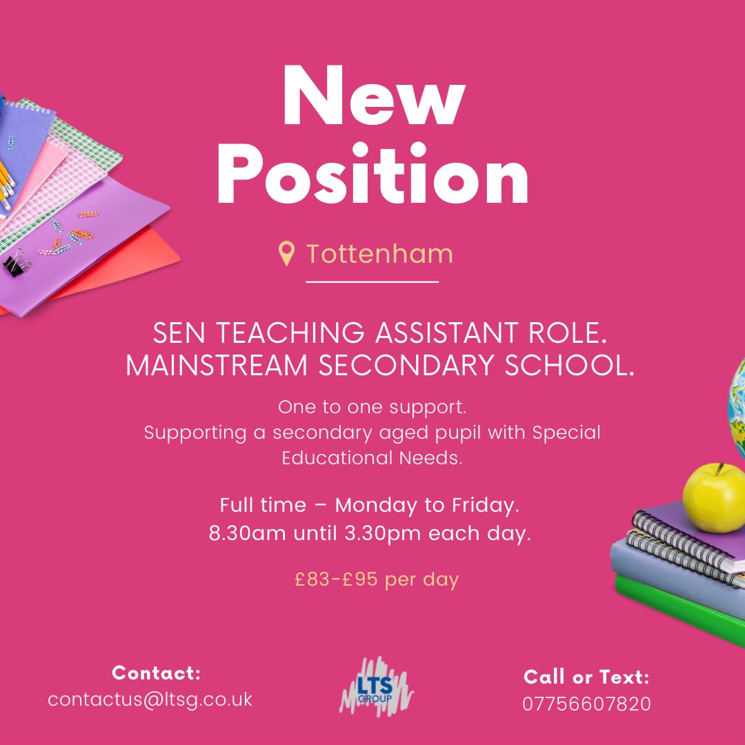 New #Position ✨

#Tottenham 📍 

SEN #Teaching Assistant Role.
Mainstream Secondary School.

Apply today! 

“Your Career. Their Future” 

☎️ 020 8362 3219 
📧 contactus@ltsg.co.uk
🌍 ltsg.co.uk