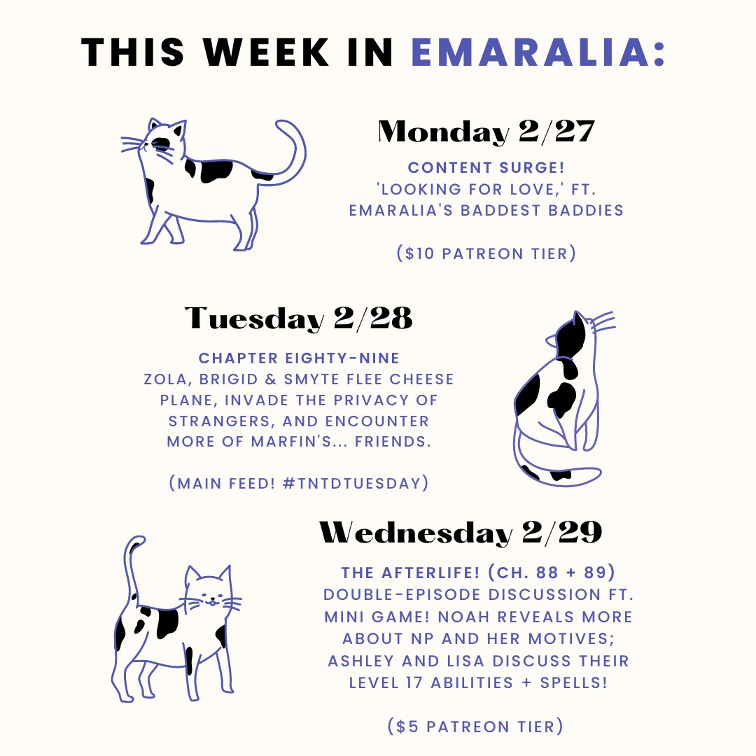 Here’s what we’re up to this week! 
🖤🐮🤍

(Okay, “in Emaralia” may be a stretch. It’s more like in a plane, branching off of another plane, attached to another plane, which is inside a shop… in Emaralia.)
