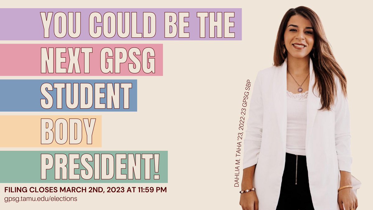 GPSGTAMU's tweet photo. Do you want the opportunity to meet with Senior Level Administrators and make a difference while representing graduate and professional students at Texas A&amp;M University? File to run in the GPSG elections at https://t.co/b5tufZXRNs!
#tamu #tamugpsg #tamudsa https://t.co/Rtrud71HlW