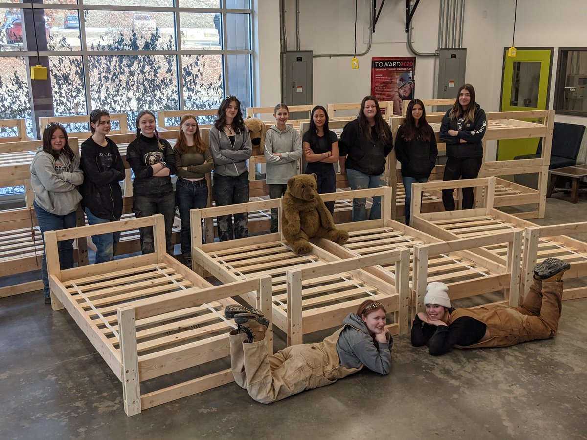 SD22Careers's tweet photo. So proud of our Female Trade Sampler students for building these beds for the @ShpBeds foundation. #careerprograms #workintrades @SD22Vernon @OkanaganCollege https://t.co/2gFLFkPhtH