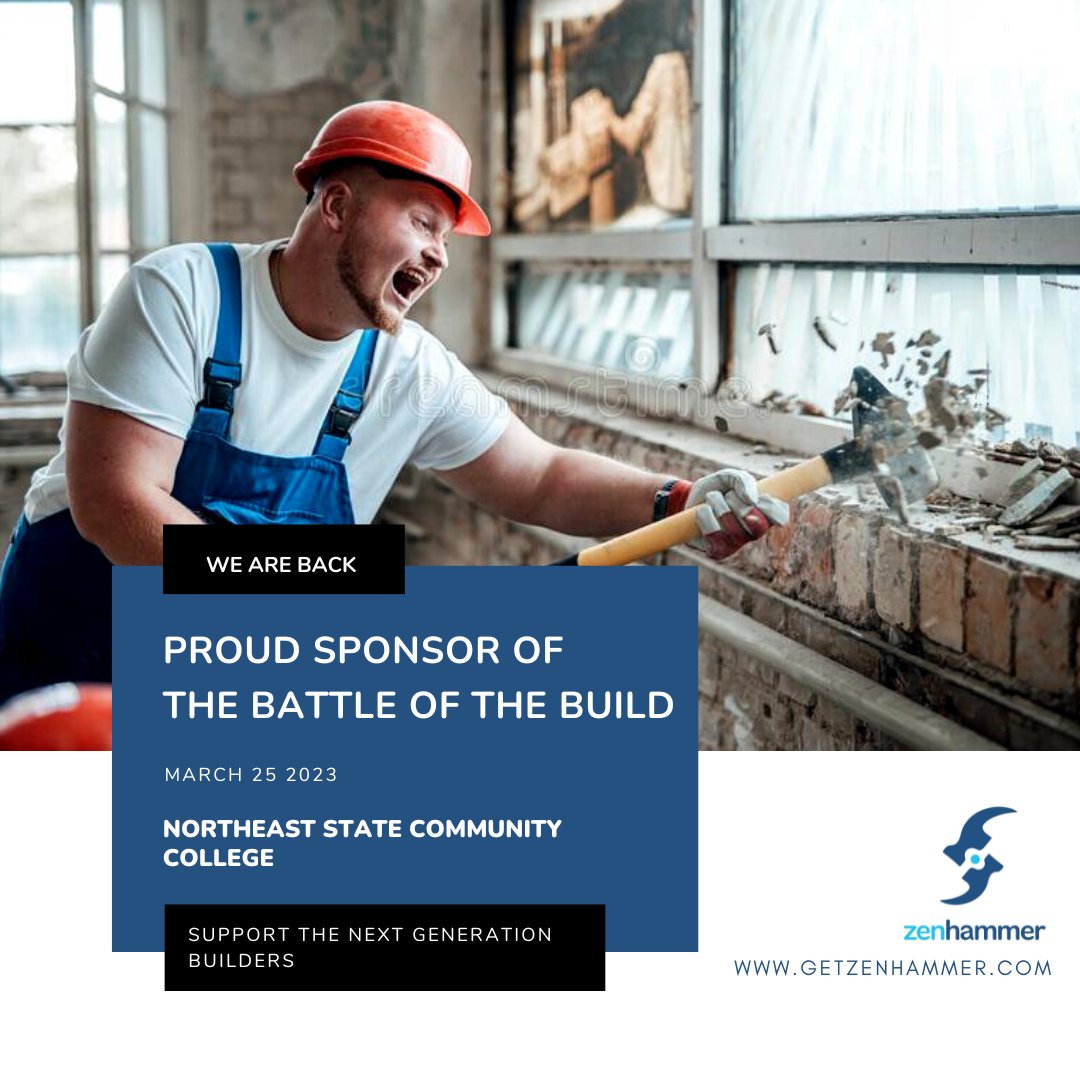 getzenhammer's tweet photo. "Hey everyone, we are proud to be a sponsor of Battle of the Build again this year. Come support the next generation of builders as they compete for the #1 spot on March 25th at Northeast State Community College." https://t.co/bLjqHF5a7H