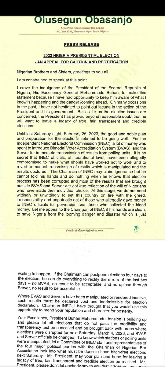 Pres_Adebayo's tweet photo. Very unlawful, unconstitutional, dangerous letter by @Oolusegun_obj. @MBuhari cannot interfere with @inecnigeria while collating election results. Parties can protest to @inecnigeria and if not satisfied, go to court for redress as @TheSDPNg in Ekiti and @OfficialAPCNg in Osun. https://t.co/a2C4T0QtzC