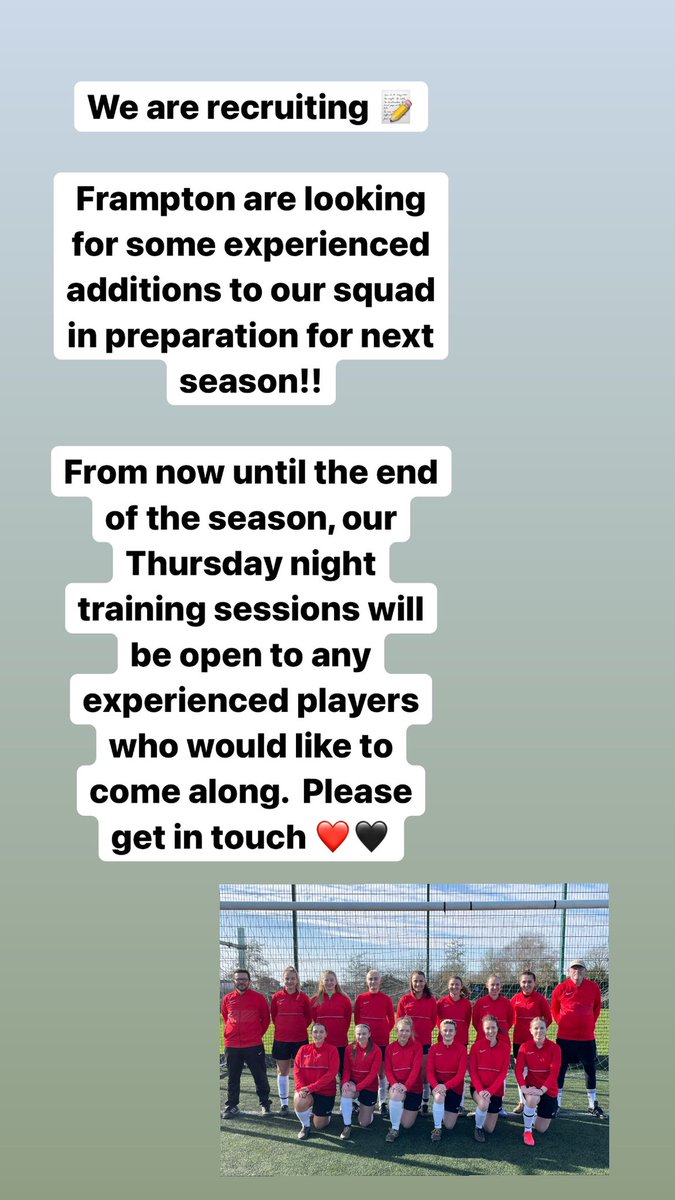 FcFrampton's tweet image. We are looking for some experienced additions to our lovely squad!! Please get in touch on here, or on 07873505843 (Ellie).

Please share ❤️🖤