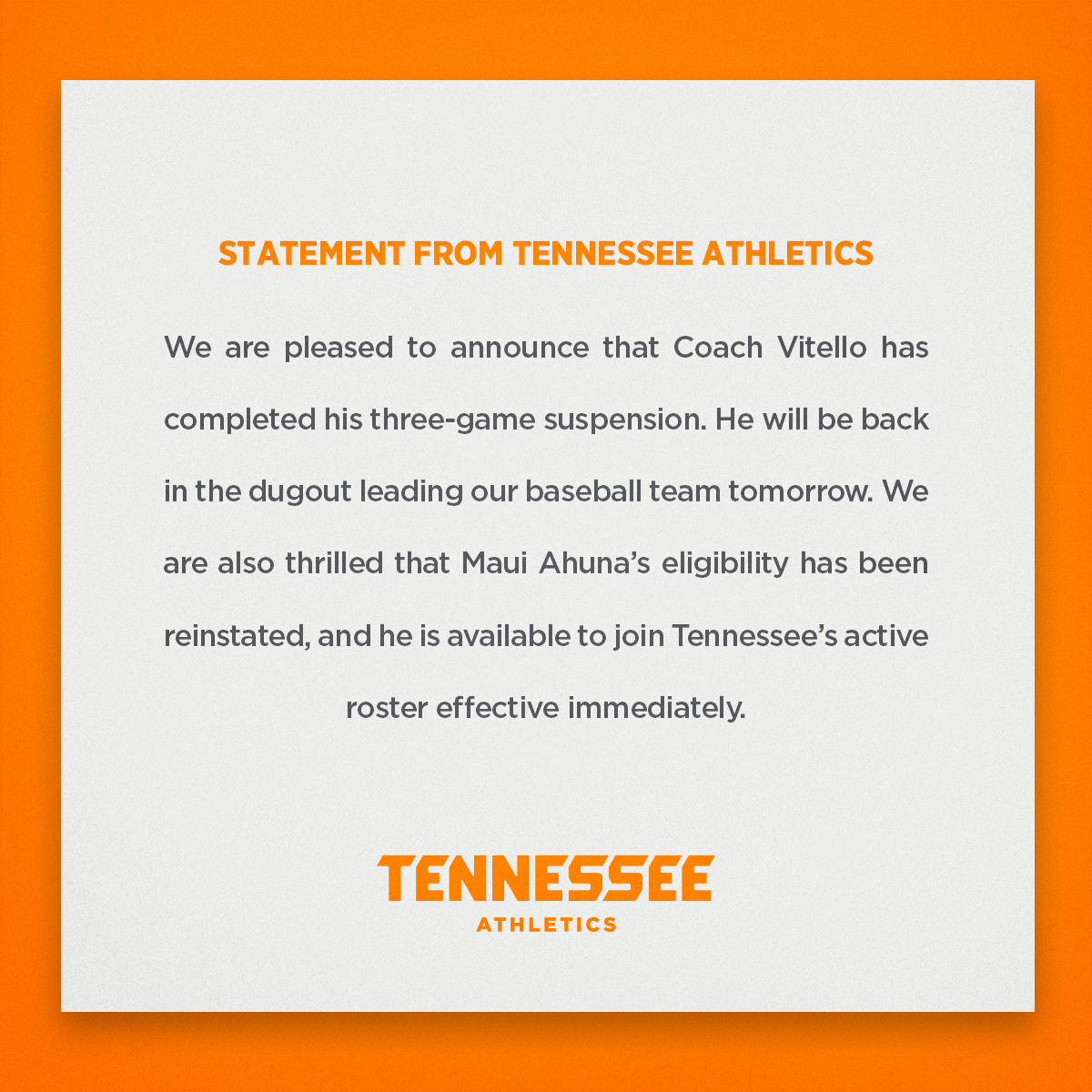 Update from Tennessee Athletics: