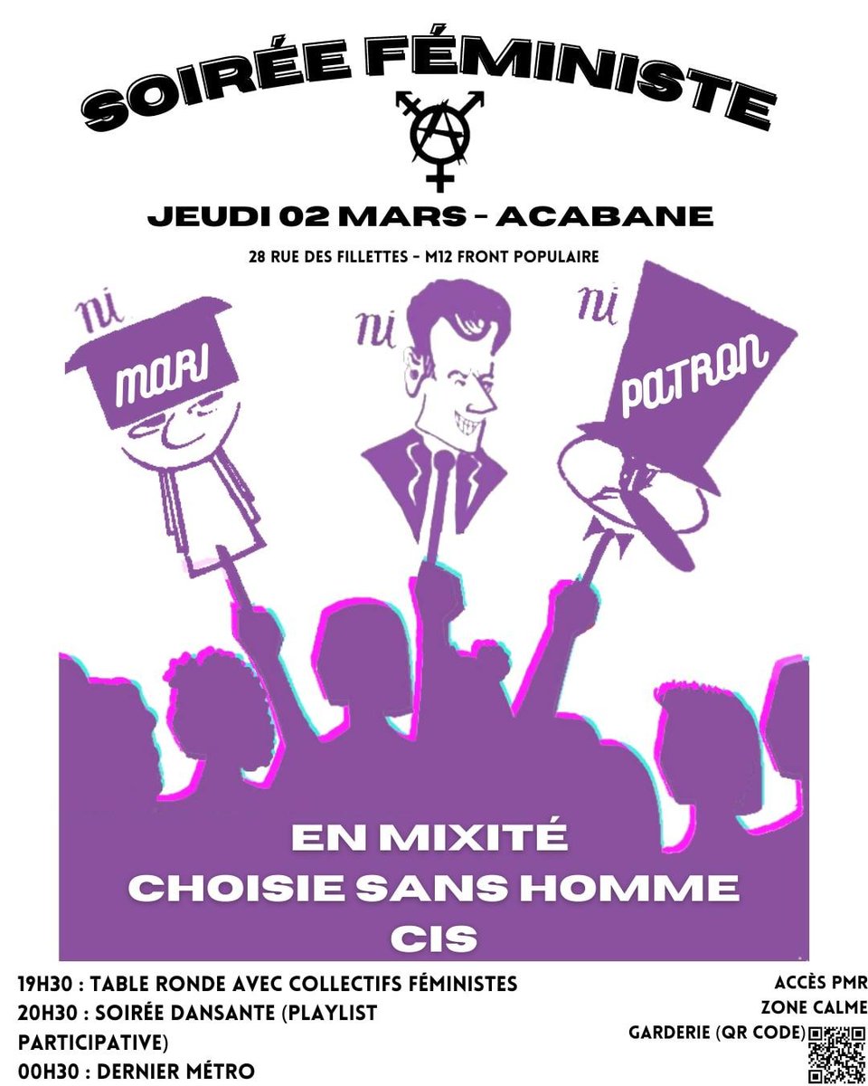 acabane_epcc's tweet photo. RDV le jeudi 02/03 à l'acabane, pour prendre un peu d'avance sur la semaine du 8 Mars avec une soirée en mixité choisie sans mecs cis pour une grève féministe💥
Une garderie est prévue jusqu'à 00h, pour vous inscrire flashez le QR code.
On aura de la nourriture 
1/2 https://t.co/cbZKHw9M6e