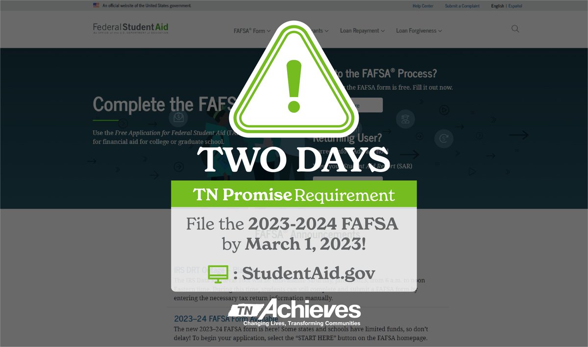 tnAchieves's tweet photo. 📢📢📢DEADLINE WEDNESDAY! ALL #TNPromise students must file the 2023-2024 FAFSA at https://t.co/smPL4RYIG4 by March 1, 2023 to remain eligible. Do not wait!

Visit the links below for help:
☑ https://t.co/jv6lU8UUgG
☑ https://t.co/YAz322gjx9 https://t.co/gOYstXStjk