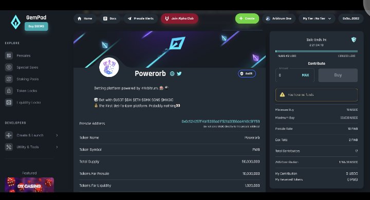 0x_ikay's tweet photo. 🎉We’ve already raised 20k in 2HR thanks to our earliest 17 contributors!
👀The sale will continue for another 70HR, make sure you grab one and share with your #arbitrum frenz about #Powerorb, the first betting platform that brings DeFi to gambling! #BetToEarn
LFG🚀 #IDO https://t.co/qqAMjiOKP8