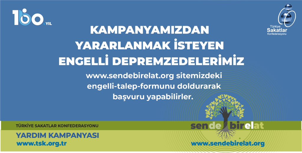 Yardım kampanyamızdan yararlanmak isteyen depremzede engelli bireylerimiz bizlere internet sitemiz üzerinden ulaşarak ihtiyaçlarını iletebilmeleri için bir talep formu oluşturduk. İlgili bağlantı: sendebirelat.org/engelli-talep-…