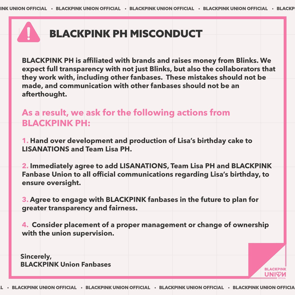 🚨 | NOTICE OF REQUEST FOR ACTION FROM <a href="/BLACKPINK_PH/">BLACKPINK PH 🇵🇭</a>: AN OFFICIAL STATEMENT FROM BLACKPINK UNION FANBASES

#BLACKPINK #블랙핑크 <a href="/BLACKPINK/">BLACKPINKOFFICIAL</a>