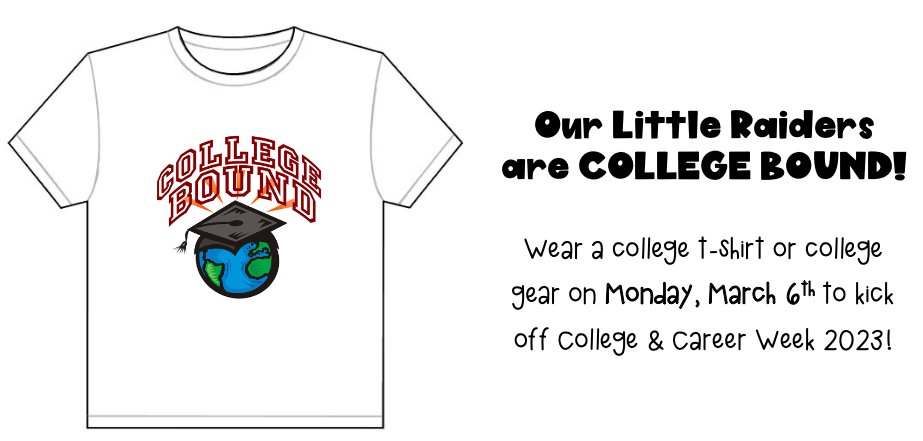 SunnyvaleES's tweet image. College Bound Spirit Day
Monday, March 6th
#RaidersRise #BeARaider