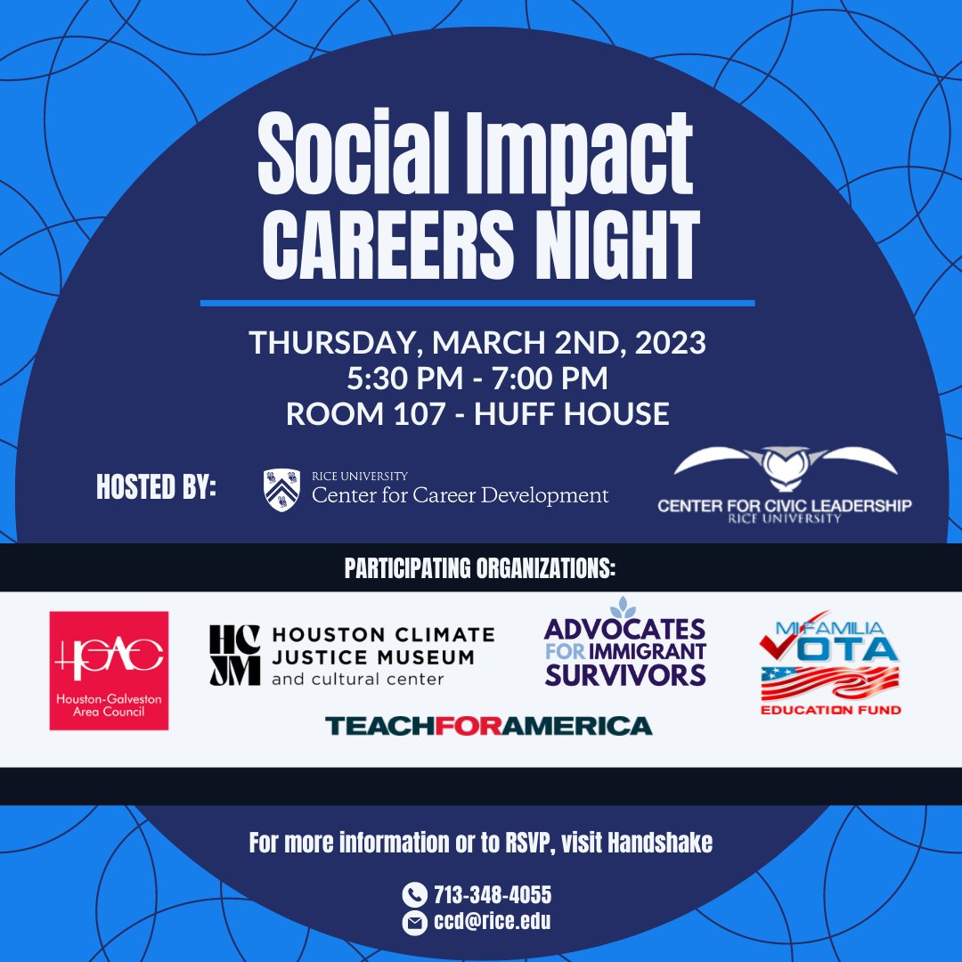 Social Impact Careers Night, hosted by the Center for Career Development and the Center for Civic Leadership, will connect students to organizations focused on making a positive social impact across various industries.

RSVP: ow.ly/2lzy50N3XHV