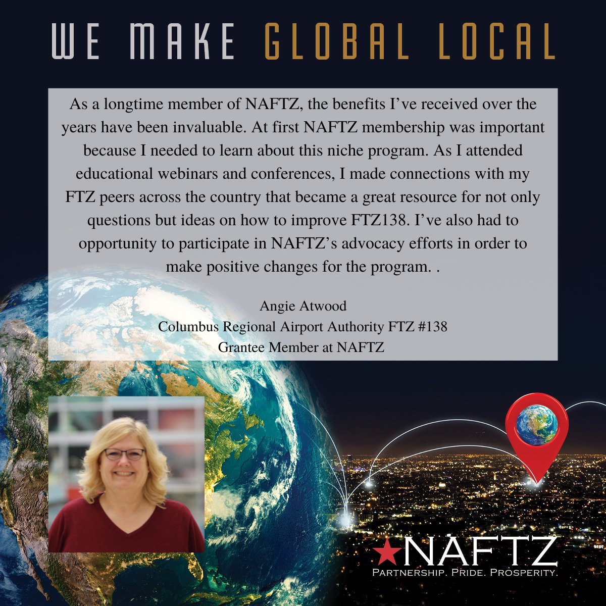 NAFTZ's tweet photo. Meet NAFTZ Grantee Member: Angie Atwood, AZS, Columbus Regional Airport Authority FTZ #138
In this week’s We Make Global Local member spotlight, Angie Atwood shares why she has been a member of NAFTZ since 1999! https://t.co/Sm2RGntNWX