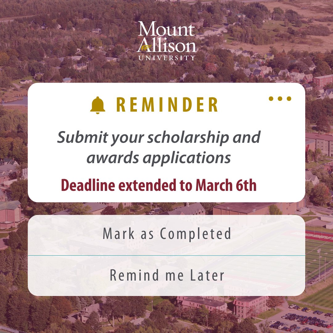 Submit you scholarship and awards application, the deadline has now been extended to March 6th. 

Receive awards amounting from $4,000 up to $56,000. For more information, check out our website mta.ca/admissions/cos….
