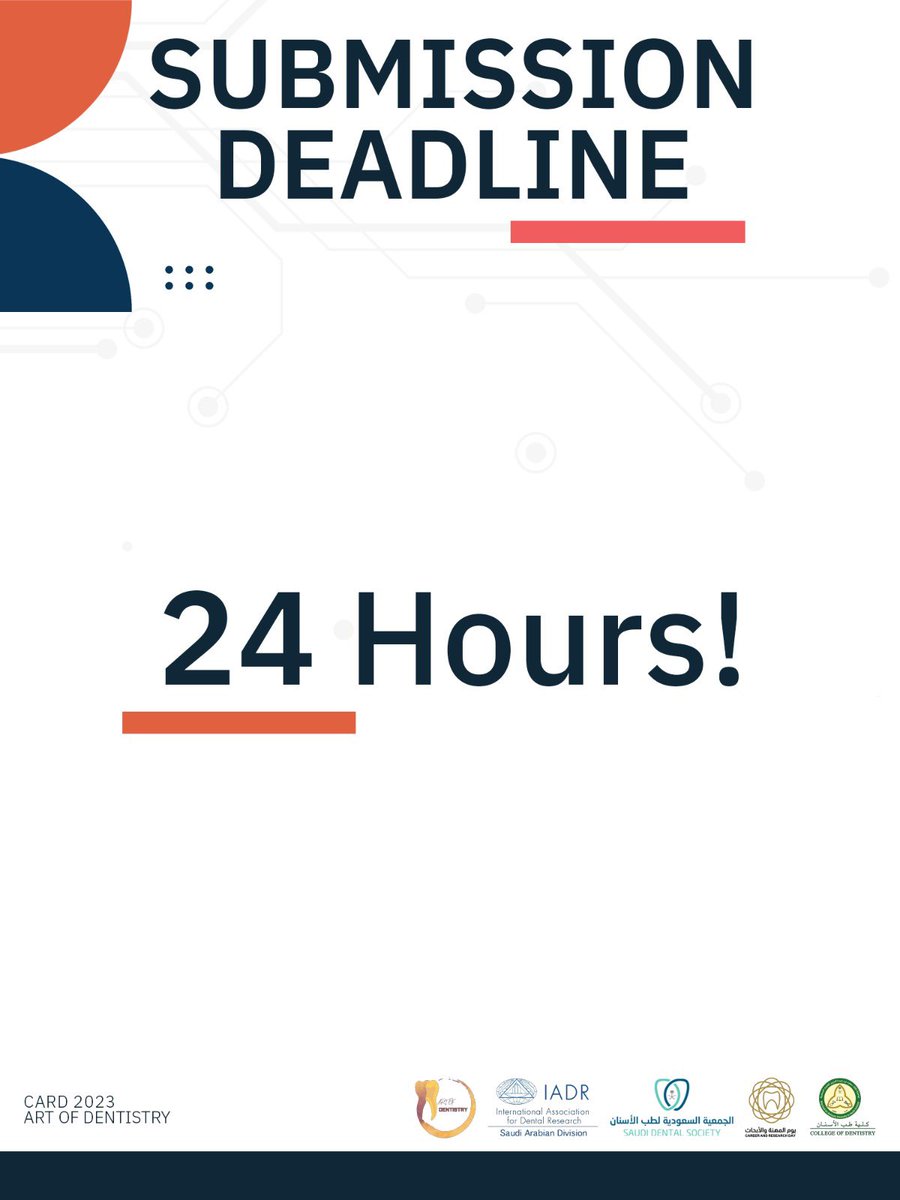 Last chance to submit your abstracts! 📣

24 Hours remaining! 

🔗: app.oxfordabstracts.com/stages/3830/su…

#CARD2023 
#كلية_طب_الأسنان
#جامعة_لصحة_وطن 
#COD #KSAUHS
