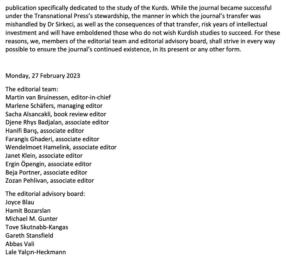 MarleneSchafers's tweet photo. The Kurdish Studies journal (@KurdishTPL) is facing a hostile take over #TwitterKurds #AcademicTwitter
@SachaAlsancakli @djenebajalan 

⬇️ Our statement as editorial team ⬇️ https://t.co/z1dWs909Ye