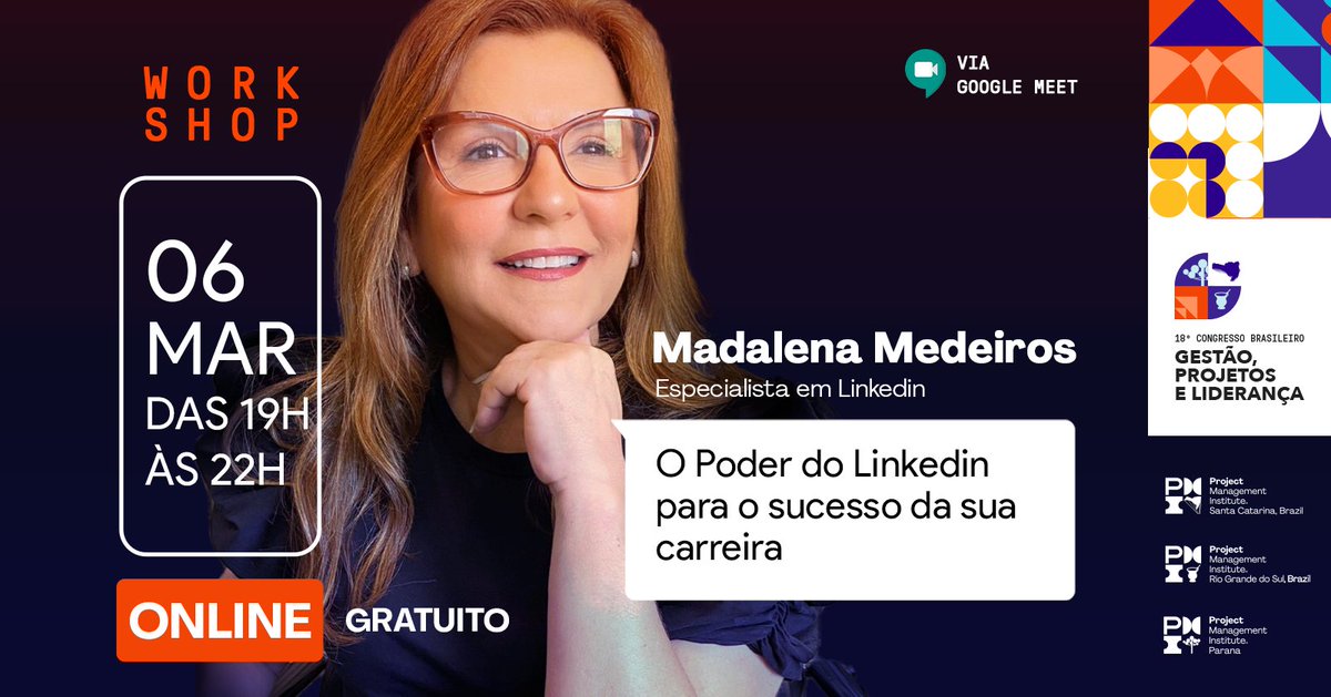 cbgpl_pmi's tweet photo. 🔥 Tem mais Workshop GRATUITO e ON-LINE para esquentar o CBGPL 2023! Dessa vez a convidada é Madalena Medeiros, Especialista em Linkedin.

INSCREVA-SE 
✅ https://t.co/g6macHR8Cd 

#cbgpl #cbgpl2023 #gestao #lideranca #projetos #workshop https://t.co/KuAP4NGW4y