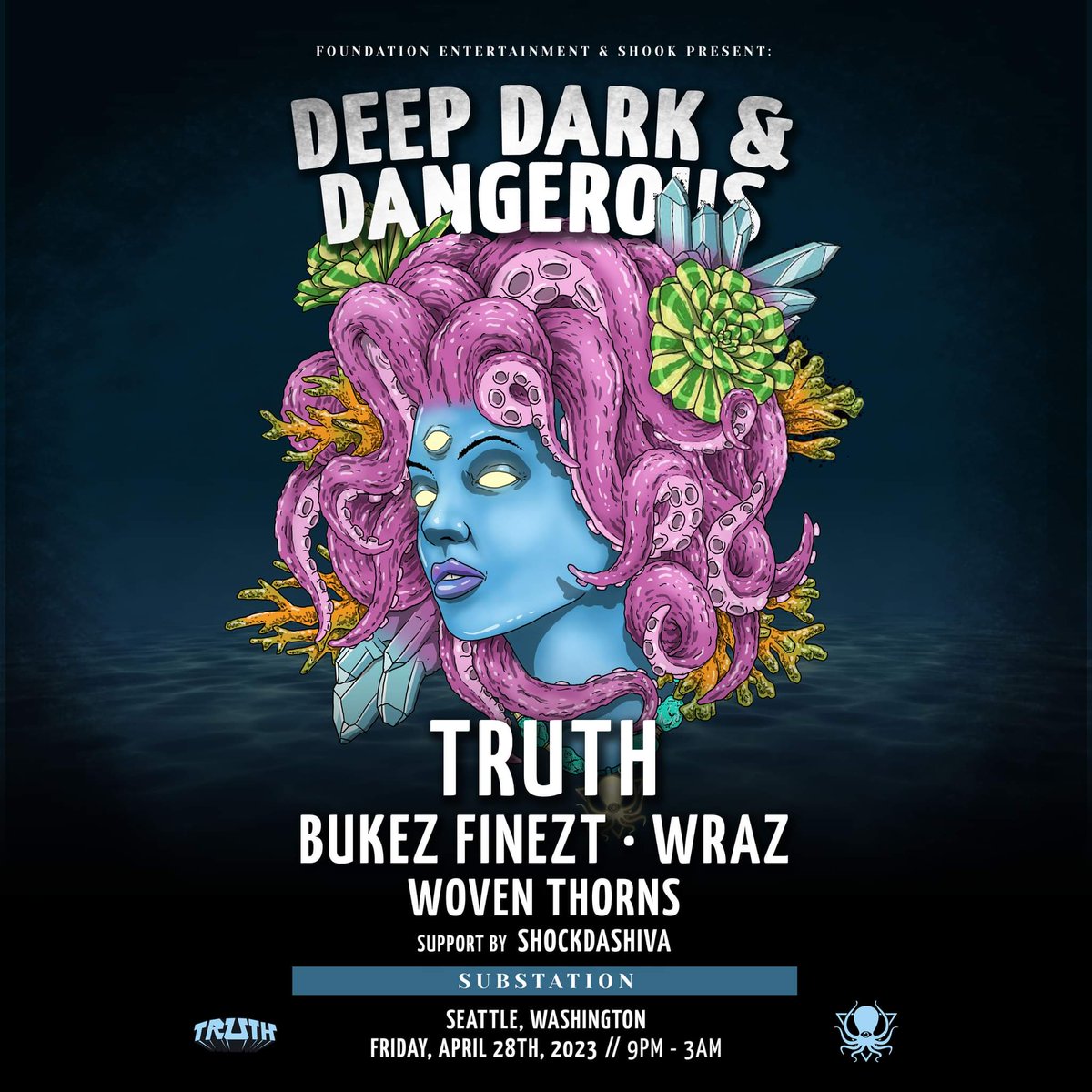 BeauTExistenc's tweet photo. Proud to say, after months of planning and work.  We will be bringing in Seattle's first @DeepDarkDanger label takeover... @truthdubstep @BUKEZFINEZT @wraz_dubs and Woven Thorns https://t.co/UzI9JHnAyI