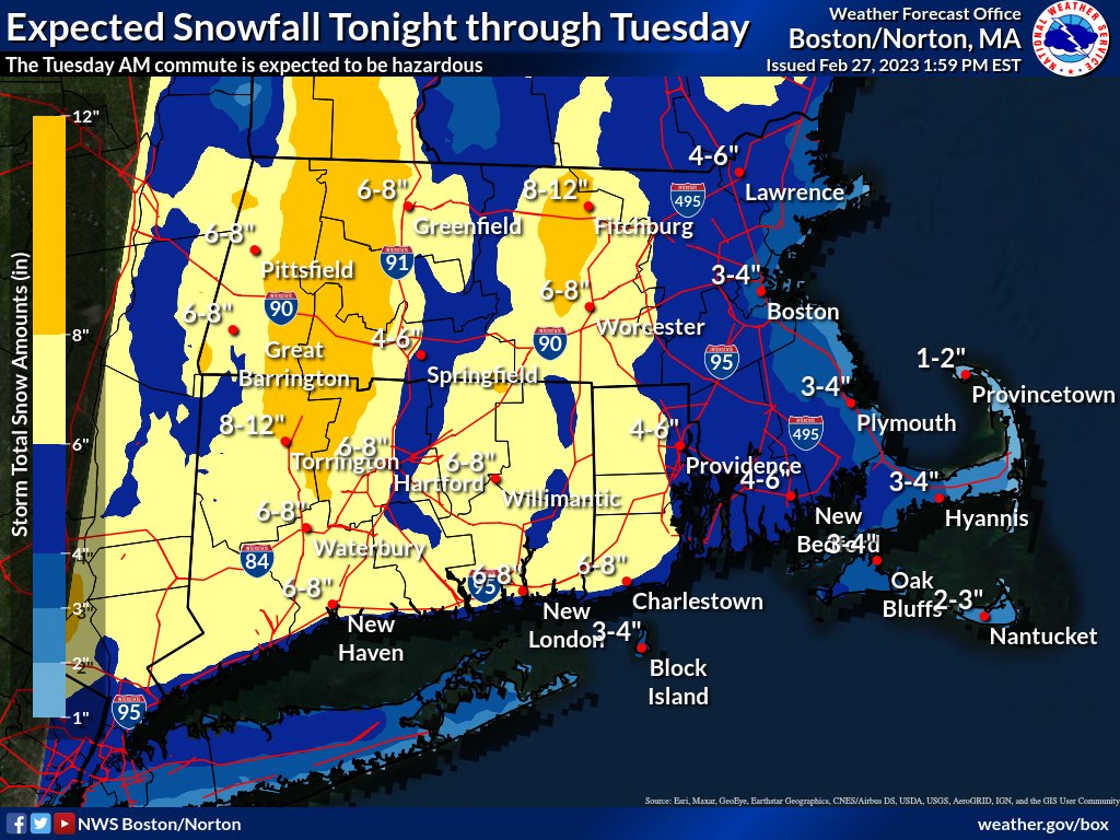 Snow spreads into southern New England tonight &amp; continues through Tue. Heaviest snowfall late tonight into early Tue AM. Will result in a hazardous Tue AM commute. Take it slow &amp; allow extra time if you're traveling.  #mawx #ctwx #riwx