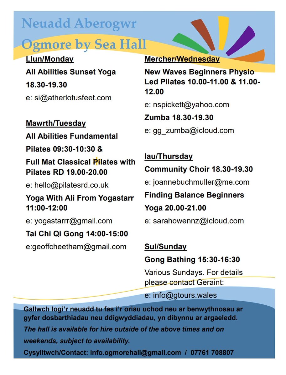Evening villagers. Please see the updated spring timetable attached with two new classes: New Waves Beginners Physio Led Pilates which starts this Wednesday 1st March and Finding Balance Beginners Yoga which starts on Thursday 16th March. Tai Chi Qi Gong is back on from tomorrow.