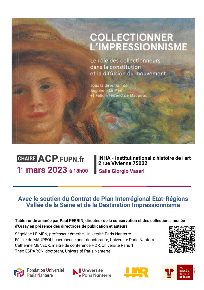 FondationUpn's tweet photo. 📣La chaire "Arts, Cultures, Patrimoines" a le plaisir de vous convier à table ronde autour de la publication de l'ouvrage collectif "Collectionner l'impressionnisme"
🗓️le 1er mars à 18h00
📍@INHA_Fr https://t.co/rvjwvpf27s