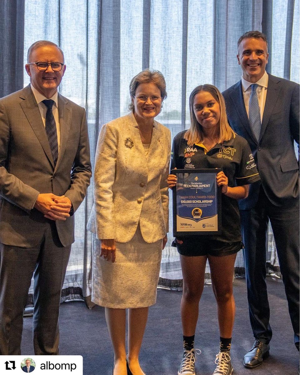 Congratulations to our student Tayah and all the other SA 2023 Teen Parliament winners on your awards for having big ideas on how to make the world a better place.

Thank you to PM <a href="/AlboMP/">Anthony Albanese</a> and SA Premier  <a href="/PMalinauskasMP/">Peter Malinauskas</a> for presenting the award. 

#TjinduFoundation