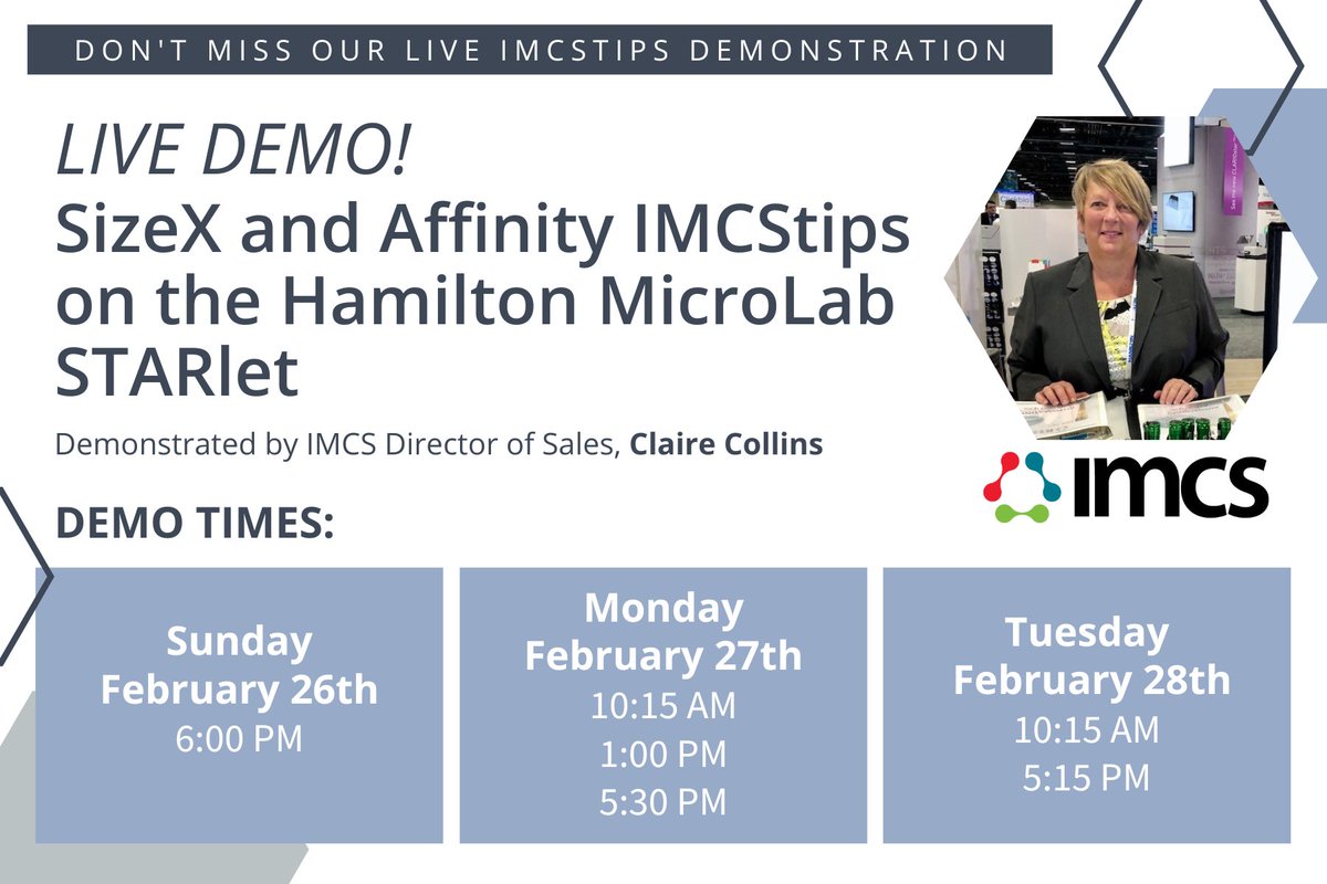 IMCS_biotech's tweet photo. 😁 It is a great day to be at #SLAS2023 in San Diego! We are doing LIVE demonstrations TODAY at booth 731 on the @HamiltonCompany Microlab STARlet with IMCS Sales Director Claire Collins.
Make sure to stop by and see #IMCStips in action and embrace being an #AutomatonNerd! 🦾🤓 https://t.co/EZI16UfIdF