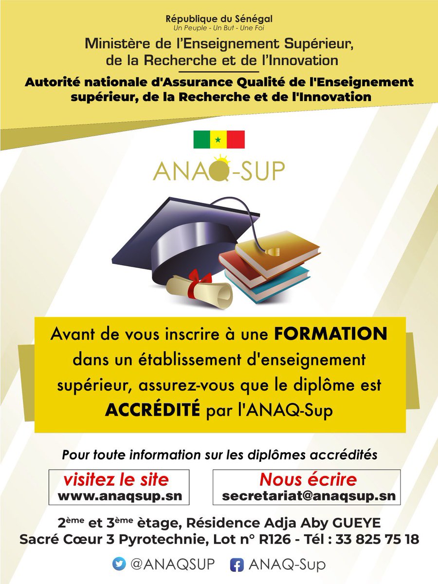 BaXaadim's tweet photo. Avant de vous inscrire à une FORMATION dans un établissement d'enseignement supérieur, assurez-vous que le #diplôme est ACCRÉDITÉ par l'ANAQ-Sup.
#kebetu https://t.co/RWPTuOGq1D