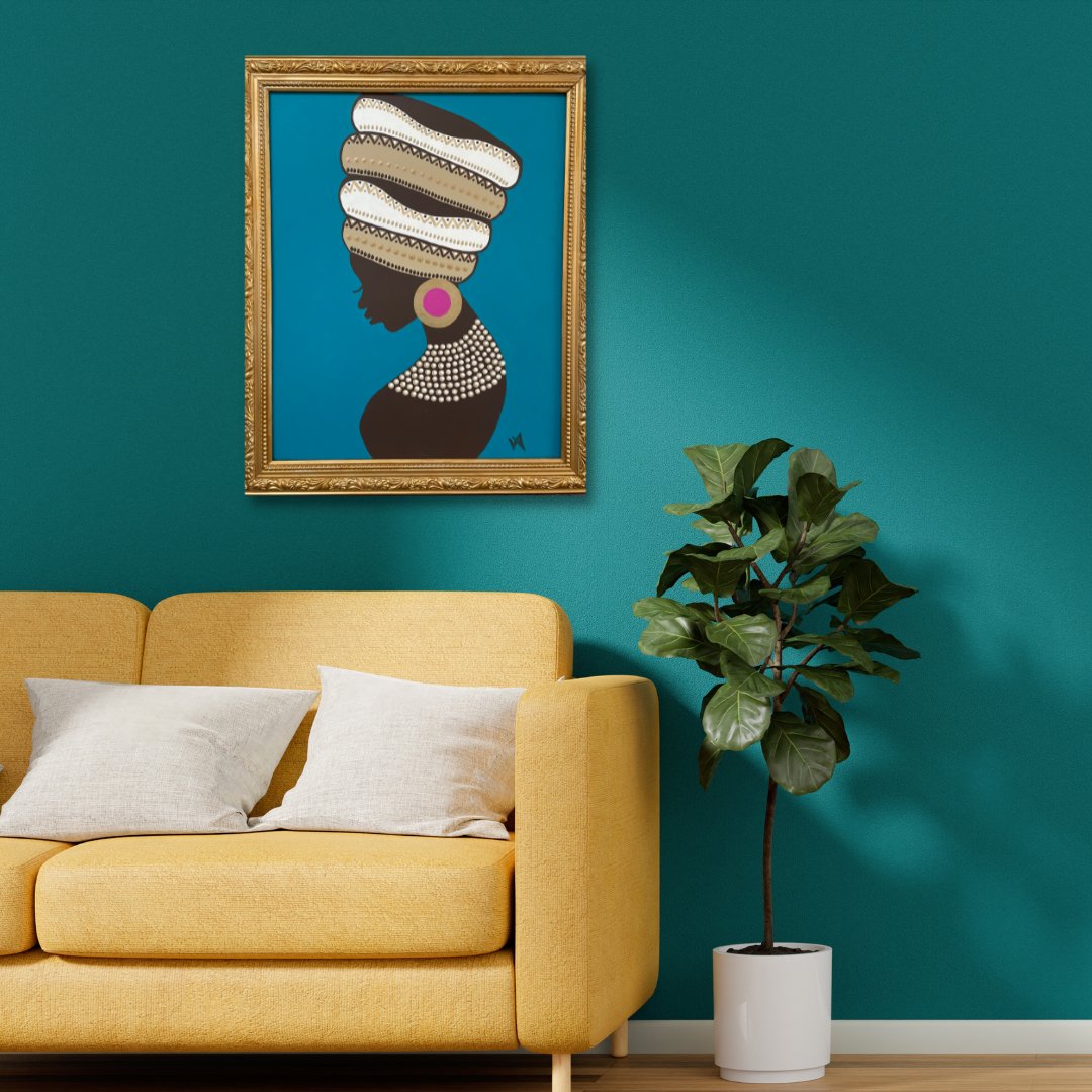 THESPACEgallery's tweet photo. Profile of an African woman on a Gold and blue background. Each women depicts the profile of an African women with a beautiful head pieces to symbolise their crowning glory. The pop of the pink colour is a calling for joy and happiness.

Zuri by Vera Arbinja

Acrylic
50cm x 50cm https://t.co/K48JL0Grql